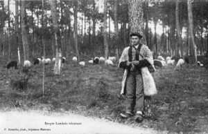 Un berger landais portant des sabots et un manteau en laine de mouton au milieu des pins
