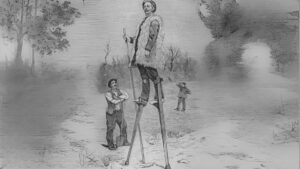 homme sur des échasse de profil, le regard de face. Il porte une veste en peau. Deux autres hommes au sol le regardent