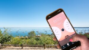 un telehpnoe devant une vue du Bassin d'Arcachon