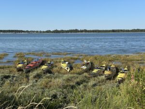 des kayaks posés sur l'herbe au bord de l'eau