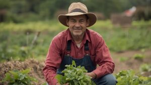 un homme avec une chemise rouge et un chapeau et accroupi dans un champ avec une salade dans les mains