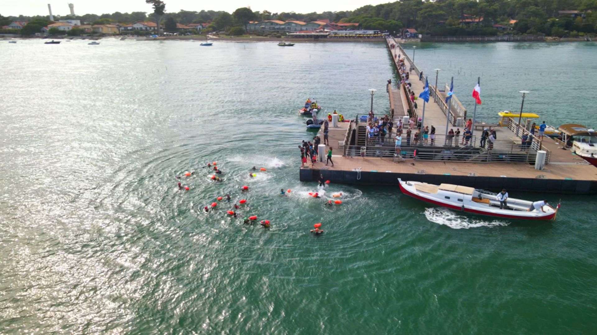 Un groupe de nageurs à l'eau devant une jetée