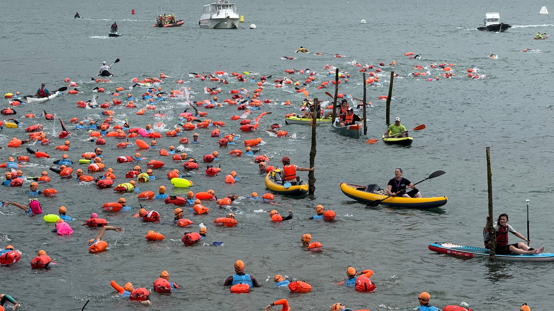 des dizaines de nageurs dans le Bassin d'Arcachon au départ de la transostrea. Des canoe assurent leur sécurité autour d'eux