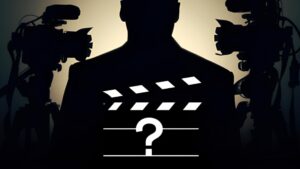 silhouette d'un homme avec un clap de cinéma et un point d'interrogation, des caméras de chaque côté