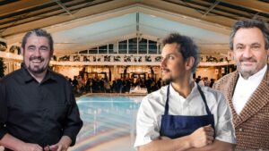 arrière plan : piscine de l'hotel Ha(a)ïtza. Au premier plan : 3 chefs : stéphane carrade, juan arbelaez et yves camdeborde
