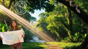jeune femme habillée en kaki et marron qui tient une carte dans les mains, en fond un arrière plan de la forêt en Amazonie. Il y a un serpent sur un arbre