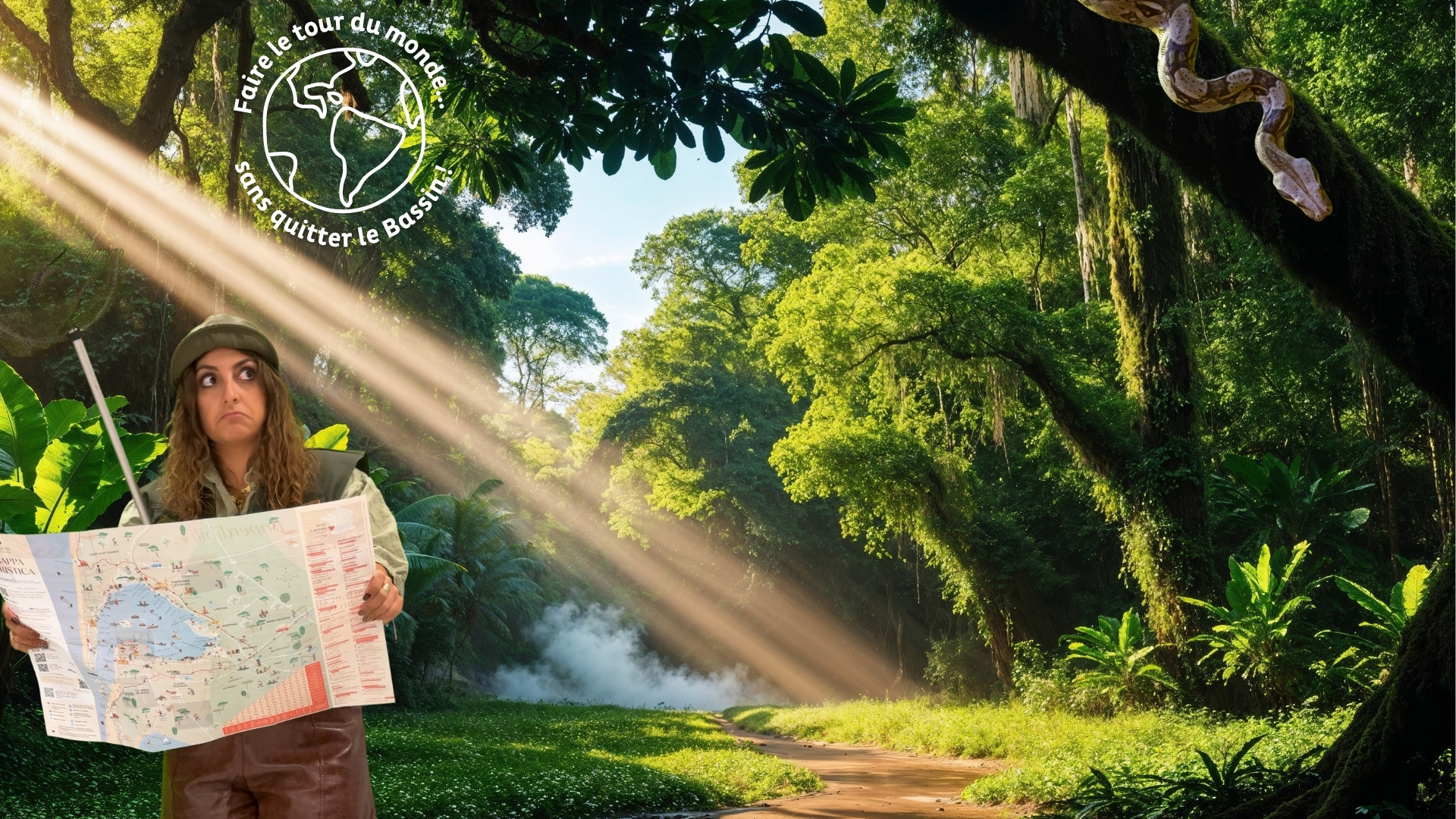 jeune femme habillée en kaki et marron qui tient une carte dans les mains, en fond un arrière plan de la forêt en Amazonie. Il y a un serpent sur un arbre