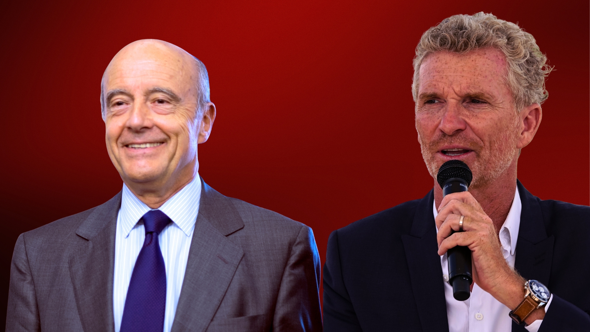 deux portraits d'hommes en costume : alain juppé à gauche et denis brogniart à droite présents au grand débat d'arcachon 2025