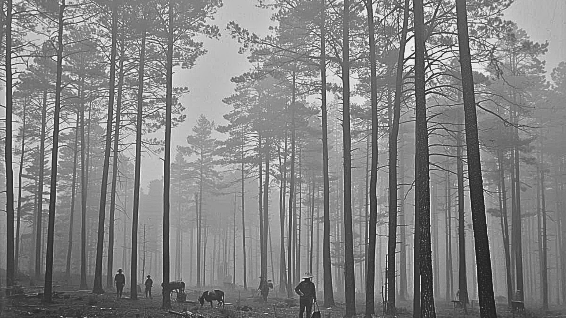 photo en noir et blanc d'une foret de pins au début du 2ème siècle. On devine des forestiers au premier plan avec des chiens