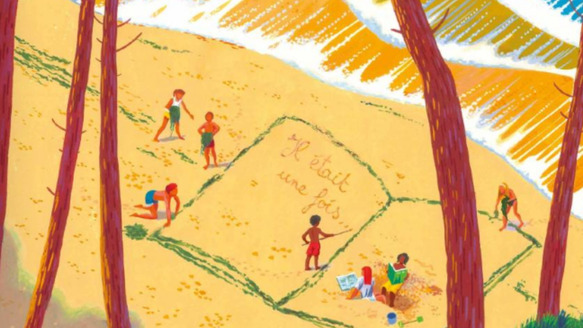 dessin de la plage d'arcachon avec des enfants qui jouent et sur le sable est dessiné un livre avec la mention "il était une fois"