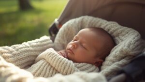 un bébé dans un landeau. Un rayon de soleil et derrière de l'herbe