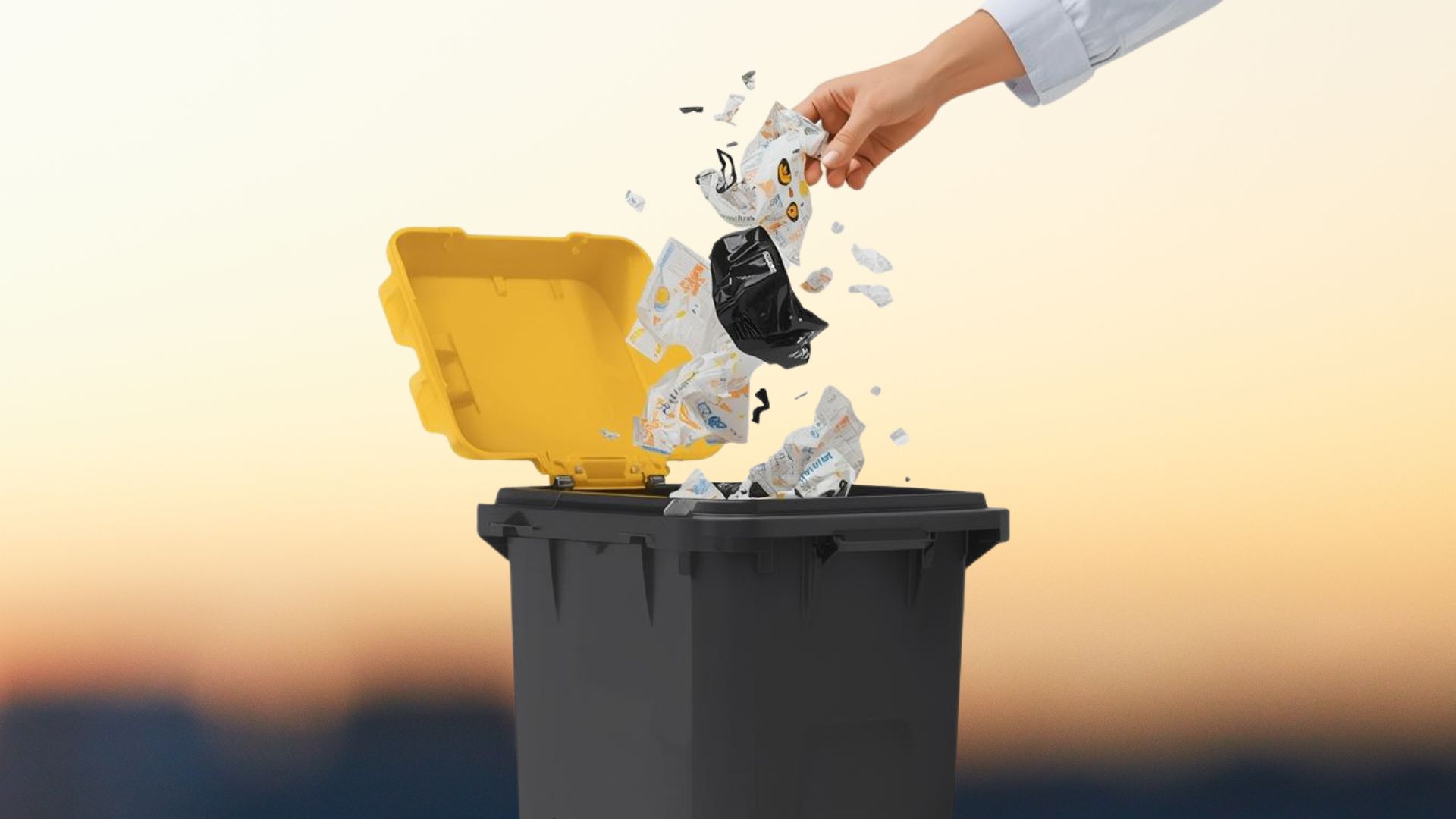une main verse des déhcets papiers dans une poubelle noire au couvercle jaune. En fond : un coucher de soleil