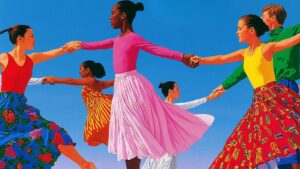 dessin de personnes en train de danser sur un fond bleu