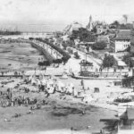 Carte ancienne aerienne du front de mer d'Arcachon : plage et immeuble