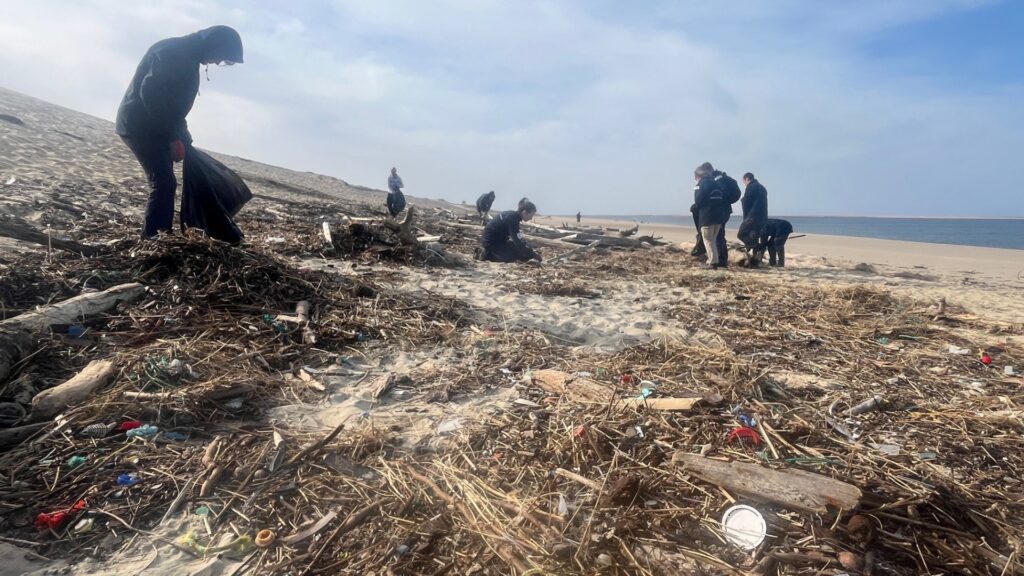 des personnes au pied de la dune du pilat en train de ramasser des déchets sur le sable