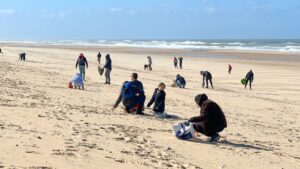 des personnes sur la plage en train de ramasser des déchets