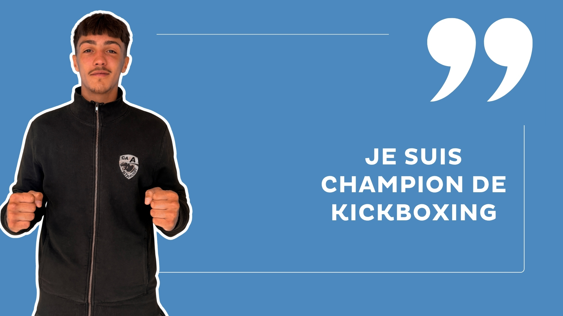 kylian araujo, jeune boxeur sur un fond bleu avec la mention "je suis champion de kickboxing"