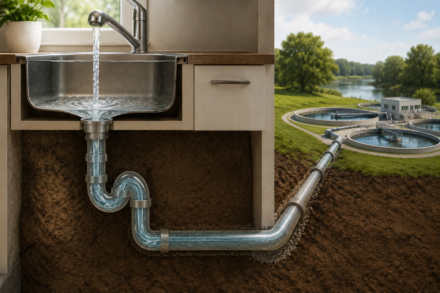 Vue en coupe réaliste d’un évier de cuisine moderne avec de l’eau qui s’écoule dans le siphon transparent. Le meuble et le sol sont ouverts comme une coupe technique pour révéler le parcours des eaux usées dans une canalisation souterraine unique menant vers une station d’épuration visible au loin dans un paysage naturel verdoyant.
