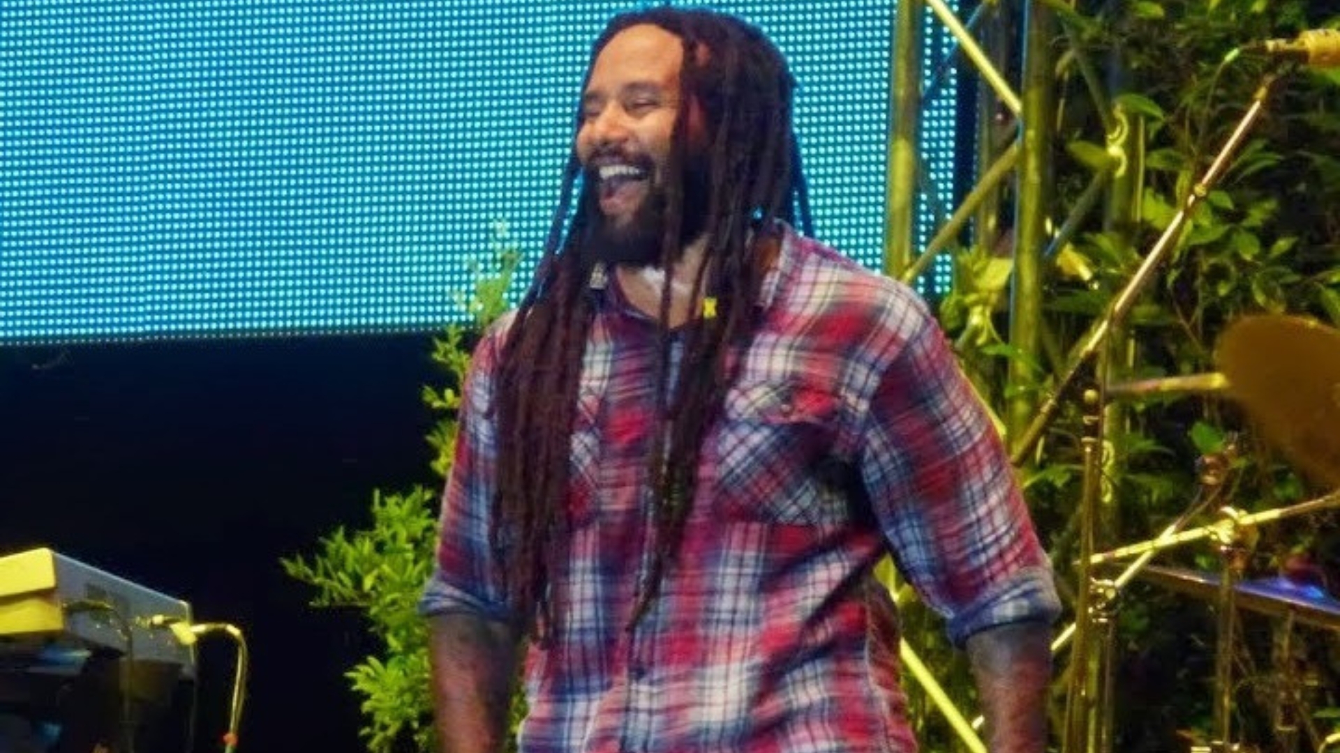 fils de bob marley sur scène, homme qui porte une chemise à carreaux et des dreadlocks