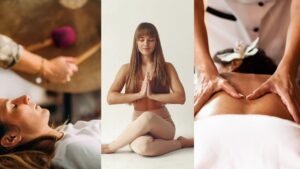 3 photos : bains sonores - yoga et massage