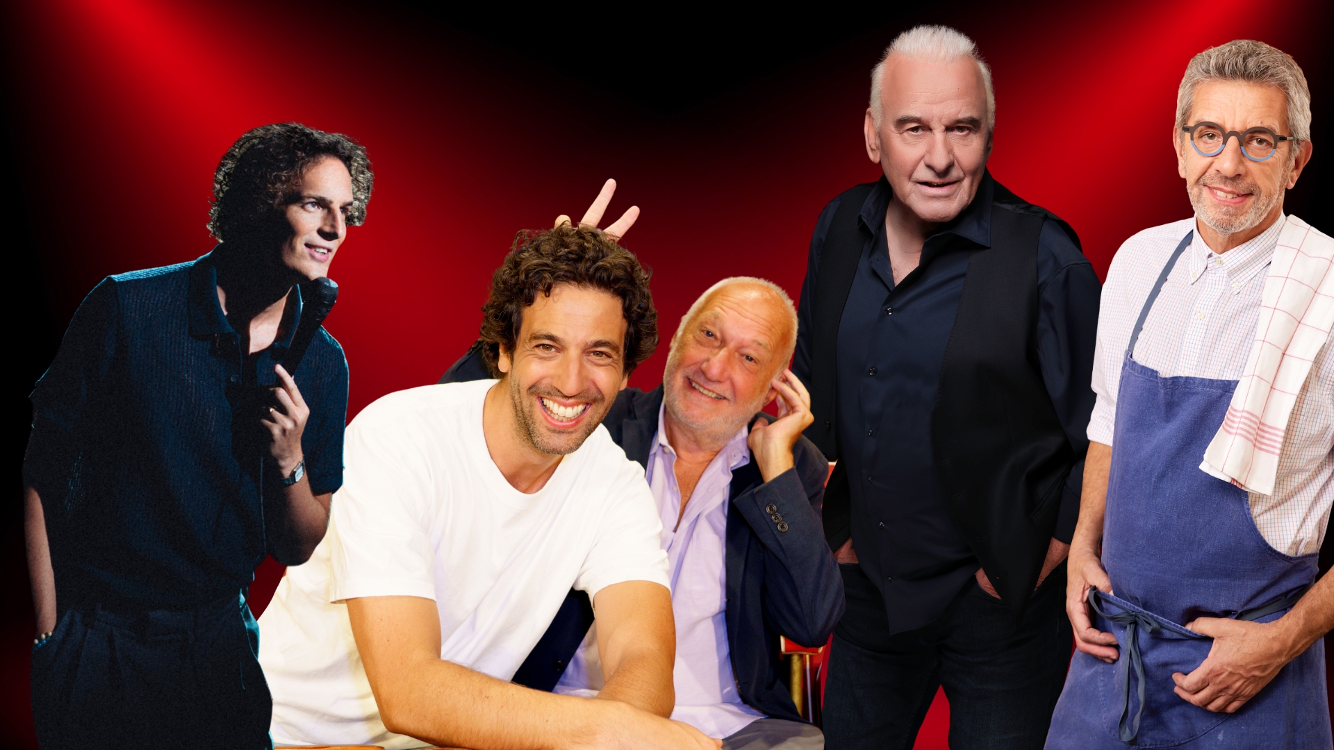 5 portraits d'hommes sur un fond rouge et noir