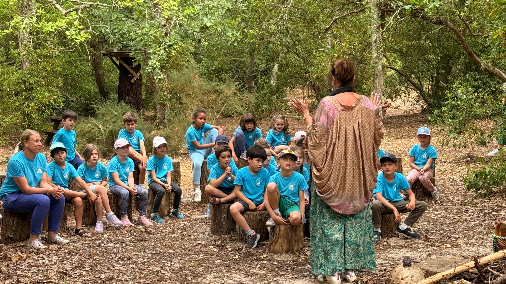 des jeunes enfants avec des tee shirt bleu assis sur des rondins de bois dans la forêt avec une conteuse en face d'eux