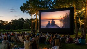 cinéma en plein air avec une toile et une forêt