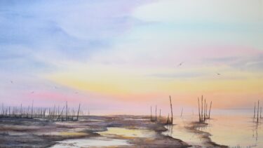 Tableau représentant le Bassin d'Arcachon à marée basse sous un soleil couchant. Des pics d'huîtres, de la vase peuvent être vus.