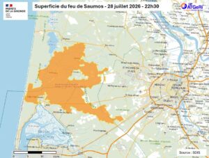 carte de la gironde avec une zone orange montrant la surface brulée