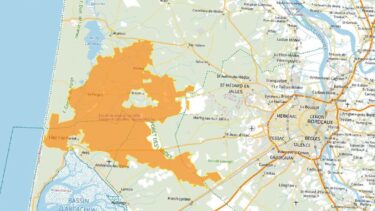 carte de la gironde avec une zone orange montrant la surface brulée