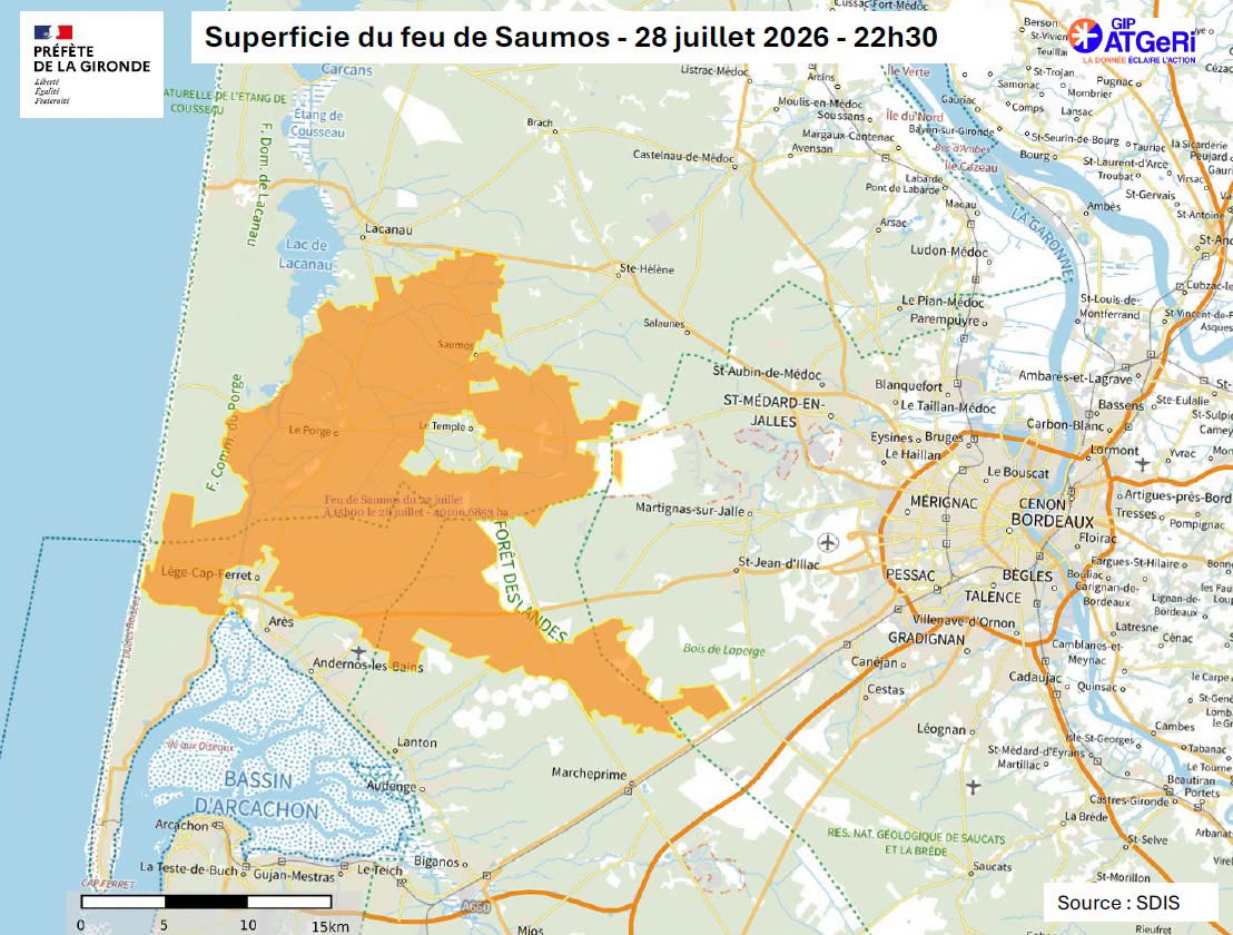 carte de la gironde avec une zone orange montrant la surface brulée