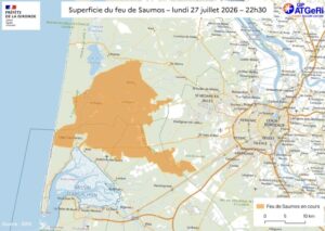 carte de la giornde avec une zone orange marquant la zone incendiée