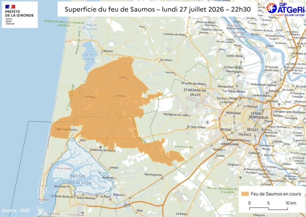 carte de la giornde avec une zone orange marquant la zone incendiée