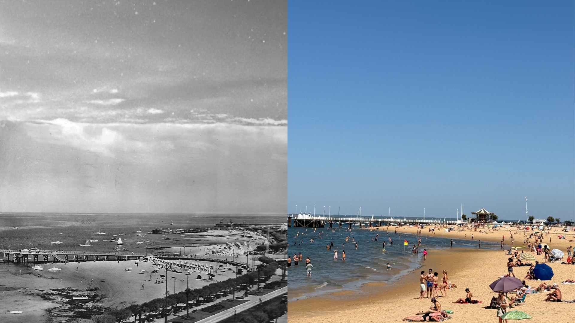 montage d'une carte postale de la plage d'arcachon en noir et blanc et d'une photo de la plage aujourd'hui