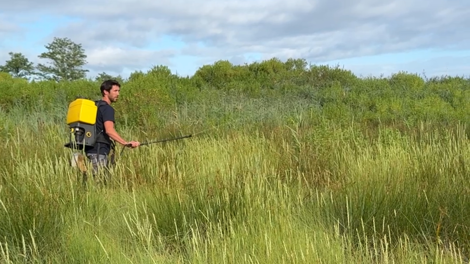 un homme dans un pré avec des herbes hautes, il tient un appareil qui vaporise du produit pour lutter contre les moustiques