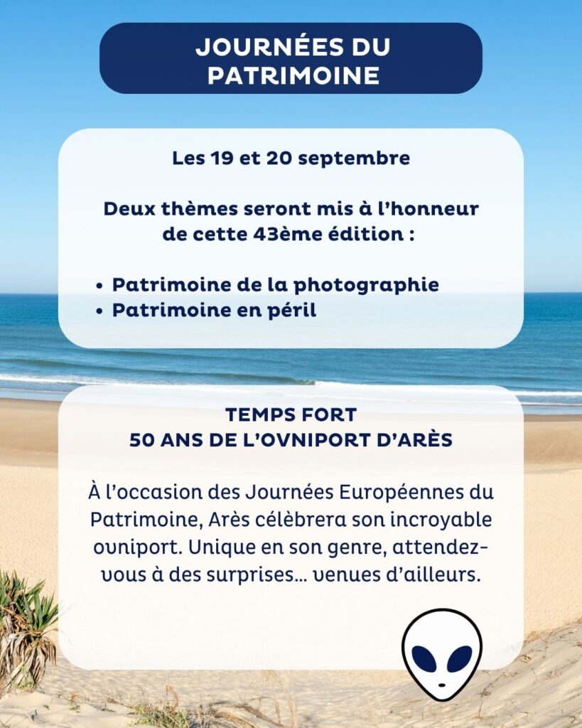Affiche annonçant les Journées du Patrimoine les 19 et 20 septembre sur fond de plage et océan. Deux thèmes sont mis à l'honneur : le patrimoine de la photographie et le patrimoine en péril. Un encadré annonce un temps fort : les 50 ans de l’ovniport d’Arès, avec des surprises à prévoir. En bas à droite, une icône illustrant une tête d’extraterrestre.