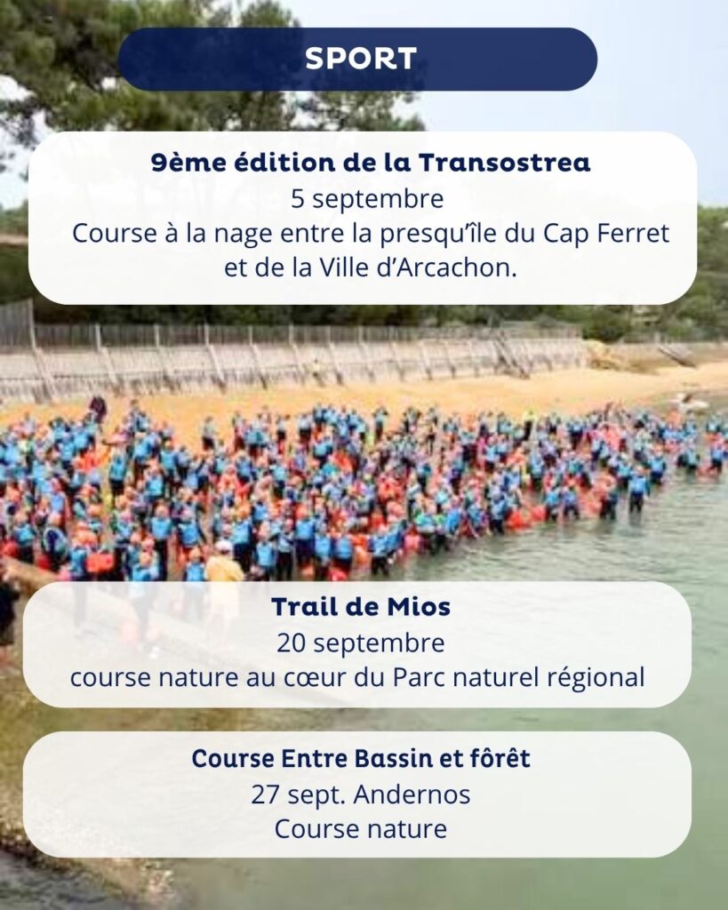 Affiche promotionnelle d'événements sportifs en septembre. En arrière-plan, une plage bondée de nageurs portant des bonnets colorés prêts à entrer dans l’eau. En surimpression, trois encadrés blancs annoncent : la 9ème édition de la Transostrea le 5 septembre (course à la nage entre le Cap Ferret et Arcachon), le Trail de Mios le 20 septembre (course nature dans un parc naturel régional), et la Course Entre Bassin et forêt le 27 septembre à Andernos (course nature). En haut du visuel, le mot « SPORT » s’affiche dans une barre bleue.