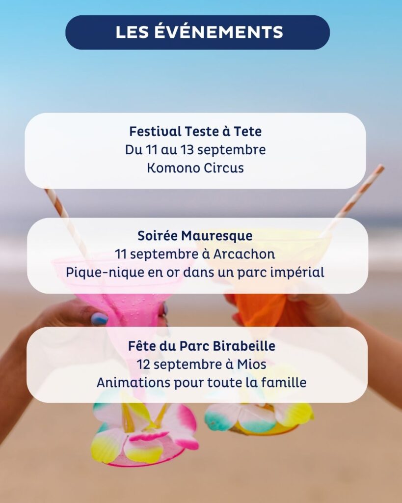 Affiche en français avec un fond de plage et deux mains tenant des cocktails colorés garnis de fleurs, annonçant trois événements : « Festival Teste à Tete » du 11 au 13 septembre (Komono Circus), « Soirée Mauresque » le 11 septembre à Arcachon (pique-nique en or ou dans un parc impérial), et « Fête du Parc Birabeille » le 12 septembre à Mios (animations pour toute la famille).