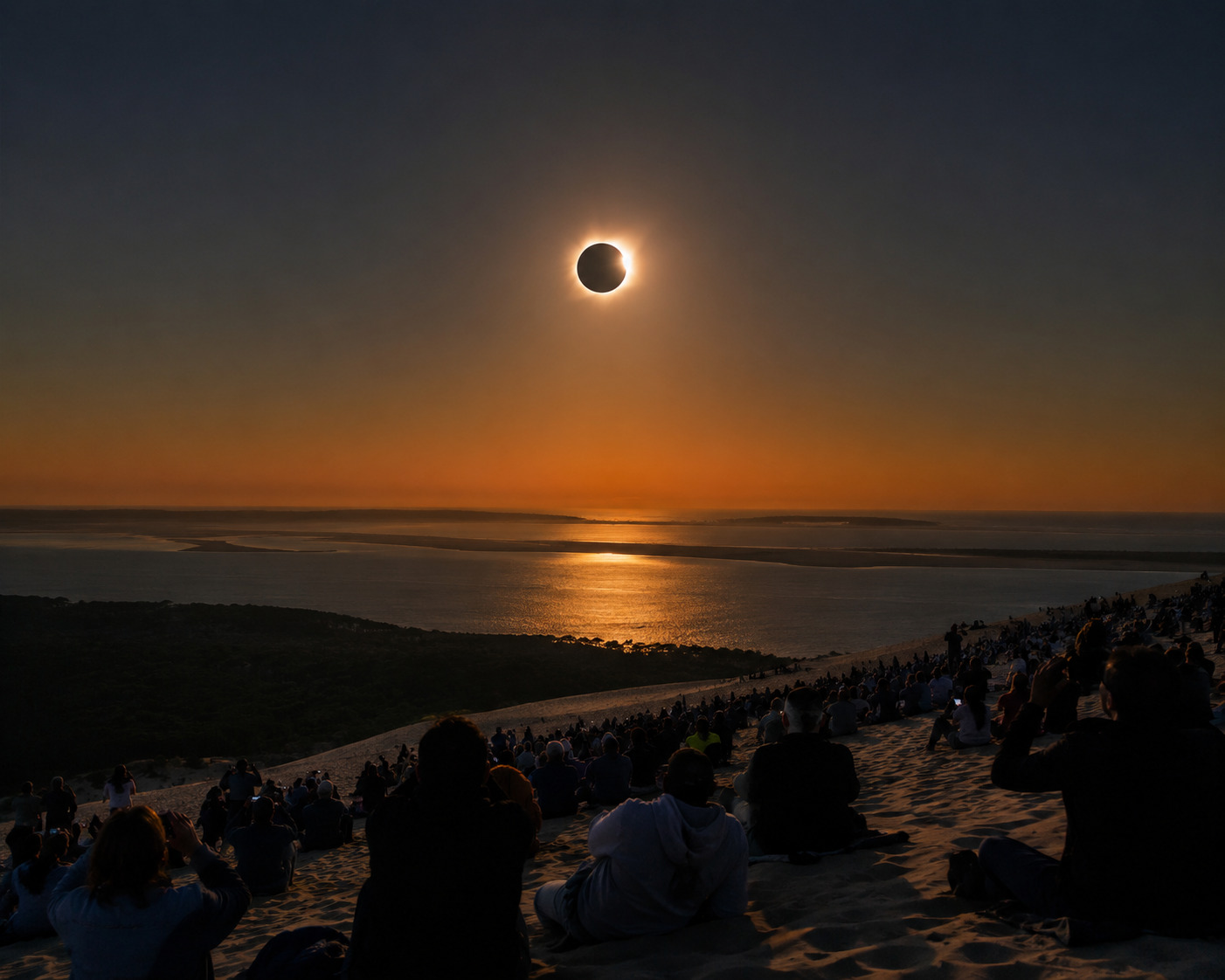 eclipse solaire qui se reflete sur l'eau depuis une dune de sable