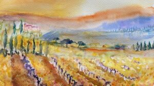 Aquarelle de Lucette Germain, peintre exposant à Arès. On y voit un pyasage varié mélangeant champs, arbres et montagne.