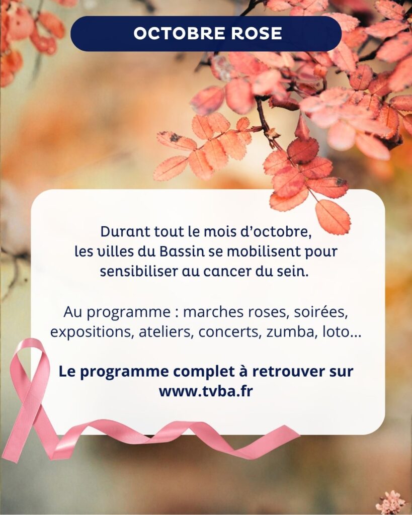 Affiche de sensibilisation pour 'Octobre Rose', campagne contre le cancer du sein. En arrière-plan, des feuilles d'automne roses. Un encadré blanc présente le texte : 'Durant tout le mois d’octobre, les villes du Bassin se mobilisent pour sensibiliser au cancer du sein. Au programme : marches roses, soirées, expositions, ateliers, concerts, zumba, loto... Le programme complet à retrouver sur www.tvba.fr'. Un ruban rose, symbole de la lutte contre le cancer du sein, est visible en bas à gauche.