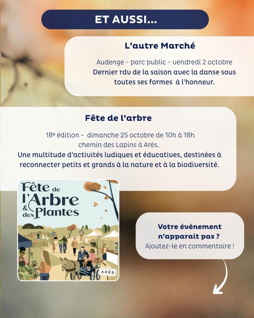 Affiche promotionnelle en français pour deux événements à Arès : "L'autre Marché" à Audenge, au parc public, le vendredi 2 octobre, avec la danse sous toutes ses formes ; et la "Fête de l'Arbre et des Plantes", 18ème édition, le dimanche 25 octobre de 10h à 18h, chemin des Lapins à Arès, proposant des activités ludiques et éducatives autour de la nature et la biodiversité. Illustration colorée de marché avec des familles, des stands et des arbres. Message invitant à ajouter un événement en commentaire s'il n'apparaît pas.