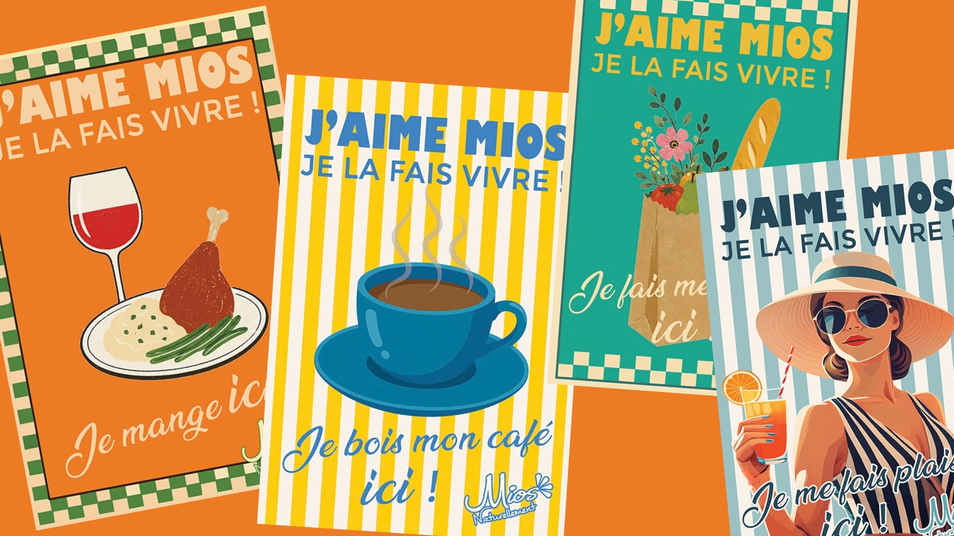 4 affiches de la campagne mios je l'aime je la fais vivre avec des design vintage