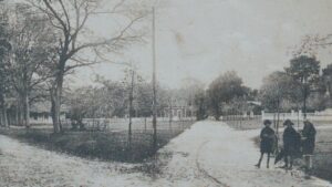 carte postale de taussat montrant 3 jeunes femmes dans un parc