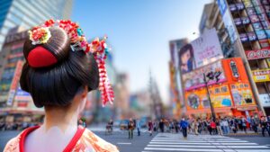 une femme en tenue traditionnelle japonaise face à des rues animées de tokyo avec de sbuldong et de grand panneau d'affichage lumineux