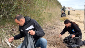 De personnes un homme et une femme avec un pull noir sont accroupis sur la plage en pieds de dune devant de la végétation avec des sacs poubelles en main. ils rammasent des déchets