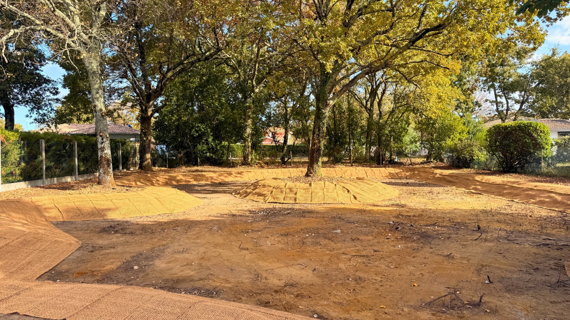 dans un quartier de gujan-mestras, un grand fossé appelé "noue" est creusé au milieu des arbres